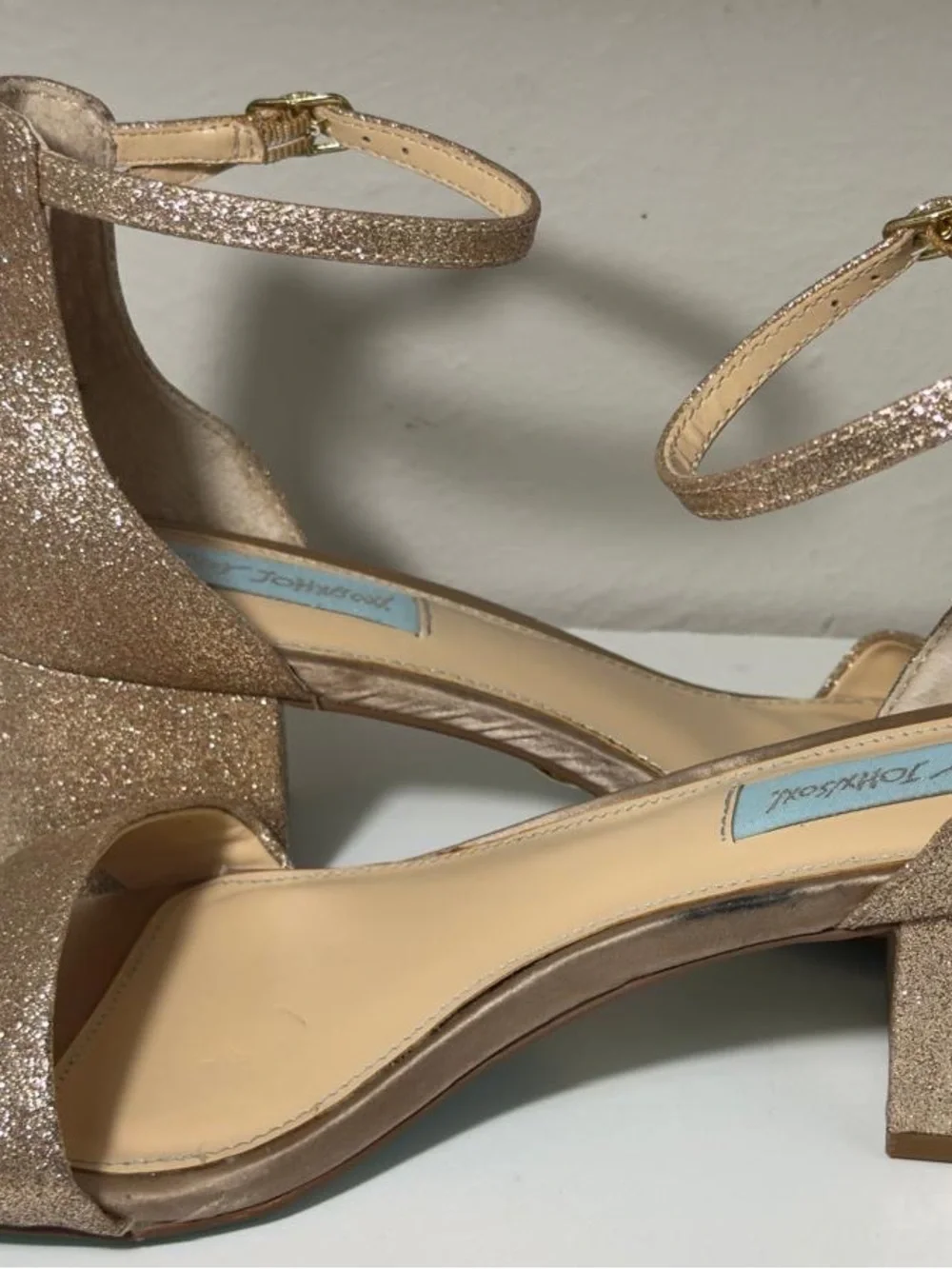 Betsey Johnson Rose Gold Glitter Block Heel Sandals